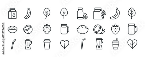 Smoothie ingredients and tools icons: banana, leaf, blender, cup, straw