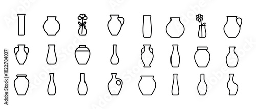 Minimalist black line vases collection on white background