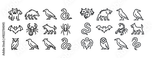 Collection of mythical creatures and animals in simple line art style