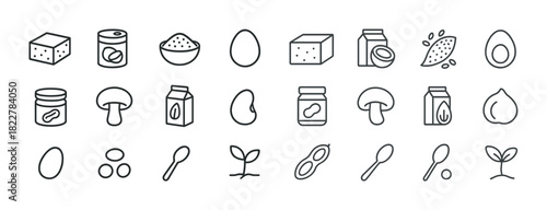 Line icons of various foods including dairy, eggs, and nuts