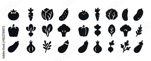 Set of 24 black silhouette vegetable icons on white background