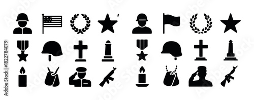 Military and memorial icons collection: soldiers, flags, helmets, candles, and medals