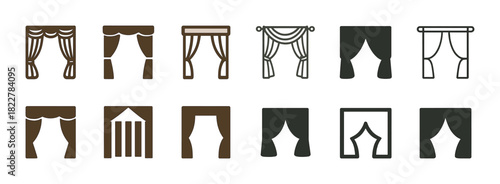 Various curtain icon set in simple brown and gray designs