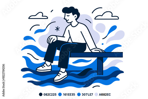 Serene Pier Meditation. Calm Ocean. Person sitting on a pier with legs dangling over still water, surrounded