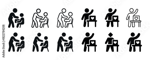 Black and white icons of people voting and assisting others at polling booths