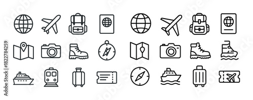 Travel icons collection: global transportation and adventure symbols