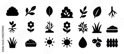 Variety of plant and nature icons: leaves, flowers, trees, and sun symbols