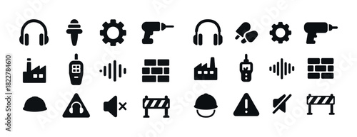 Industrial safety icons: tools, communication, equipment, caution signs