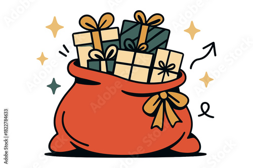 Santa's Gift Overflow. Festive sack. Santa?s bag brimming with gifts of different shapes and sizes, some