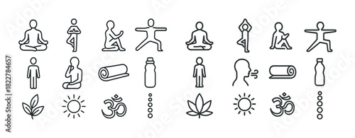 Yoga and meditation icons: pose, mat, bottle, symbol, practice