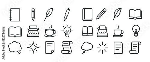 Creative writing and inspiration icons set including books and ideas
