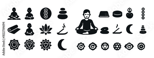 Meditation and yoga symbols: lotus, buddha, chakras, incense, crescent moon