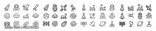 Space exploration icons: planets, rockets, satellites, astronauts, rovers