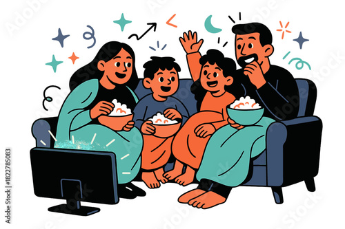 Cozy Family Movie Night. Family movie night. Parents and children snuggled on a sofa under blankets, popcorn
