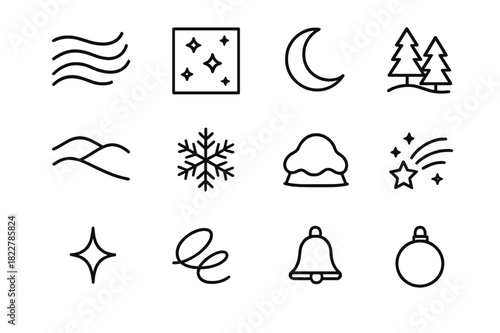 Winter Night Icon Ensemble. Winter Night Lights. Line outline icon set of Winter Night Lights: aurora waves,