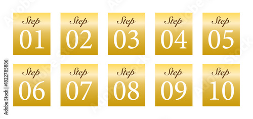 光沢のある金色で仕上げたSTEP番号バッジ10点セット・進行案内向けナビアイコン