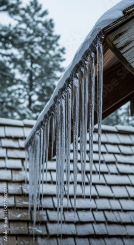 Wallpaper Mural Numerous sharp icicles dangling from the edge of a snow-covered wooden shingle roof in winter Torontodigital.ca