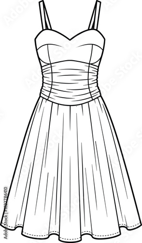 Black and white vector illustration of a vintage-style dress with spaghetti straps, sweetheart neckline, ruched bodice, and flared knee-length skirt, ideal for fashion design and apparel concept.