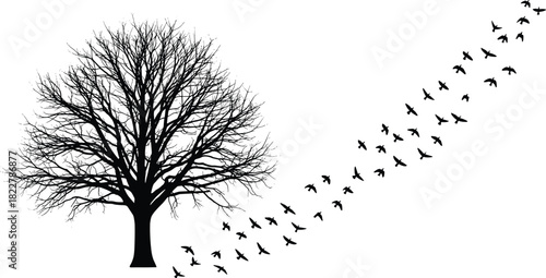 Black bare tree silhouette with a flock of flying birds streaming away from its base vector illustration isolated on white background freedom nature movement graphic design