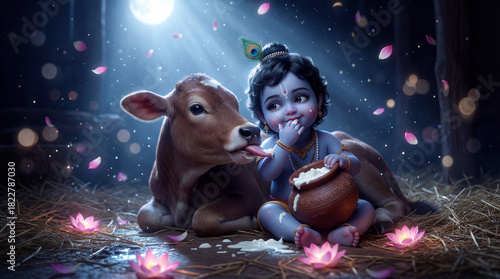 Baby krishna joyfully eats butter with a loving calf under a magical moonlit sky and falling petals