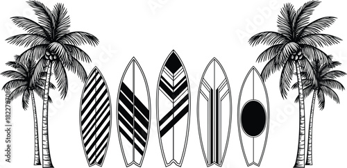 Black and white vector illustration of vintage surfboard collection placed between tall tropical palm trees, representing summer, surf culture, travel, and beach vacation