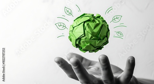 Inspiring green initiative with crumpled paper ball and leaf doodles held by hand, symbolizing sustainability and environmental awareness, eco friendly message