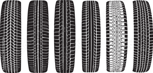 Set of Six Different Car Tire Tread Patterns Vector Illustration Isolated on White