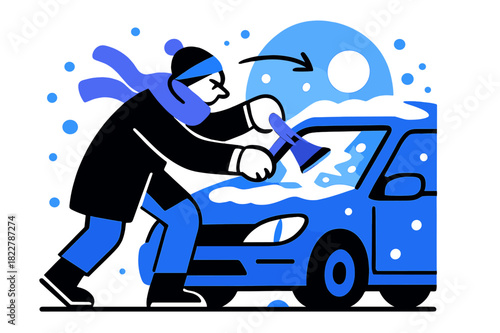 Snowy Morning Car Prep. Snow removal. A person scraping ice from car windows with visible effort and floating