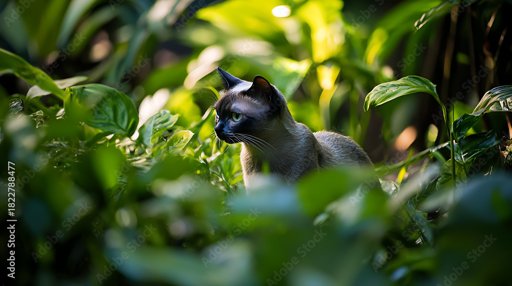 Obraz premium A cat is standing in a green bush