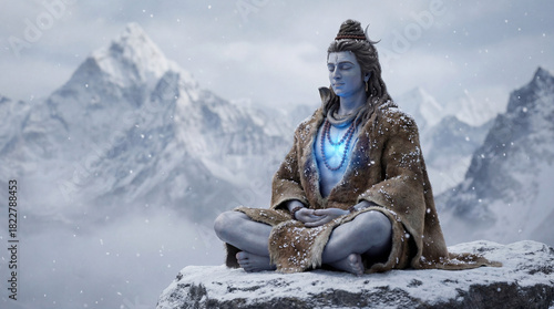 Lord shiva meditating peacefully in the snowy himalayan mountains, embodying spiritual tranquility and divine power
