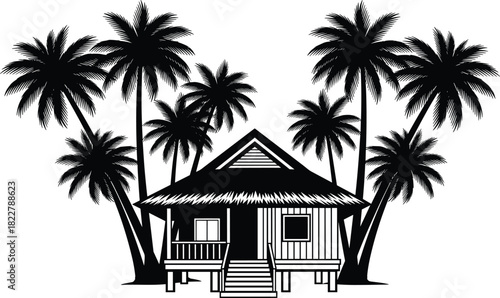 Black silhouette of a tropical beach hut or bungalow on stilts surrounded by tall palm trees vector illustration isolated on white background summer vacation icon
