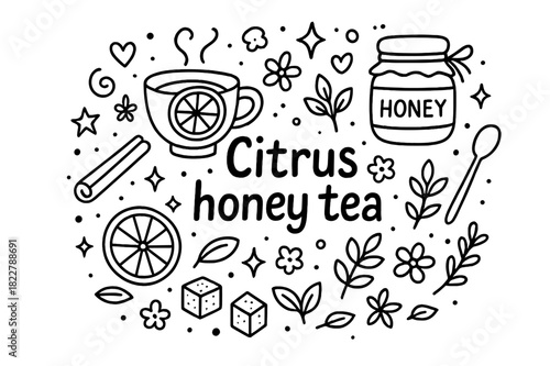 Citrus Honey Tea Doodle. Citrus honey tea. Hand-drawn doodle illustration of Citrus honey tea. teacup, lemon