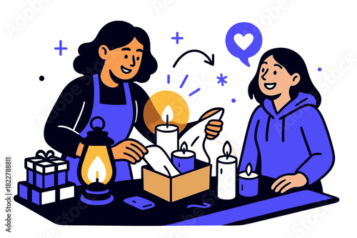 Candle Wrapping Joy. Gift vendor. Woman wrapping a handmade candle set while a customer watches, both smiling.