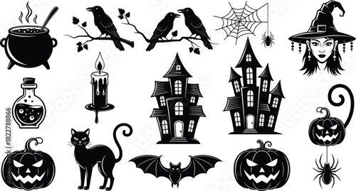 Black silhouette vector collection of classic Halloween elements including haunted house witch hat bat pumpkin cauldron cat and spider web isolated on white background