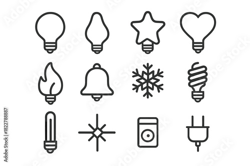 Diverse Light Bulb Icons. Light Bulb Shapes. Line outline icon set of Light Bulb Shapes: round bulb, teardrop