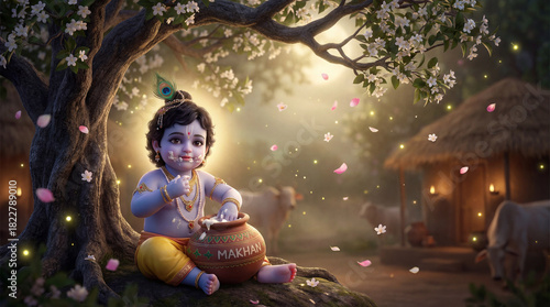 Adorable baby krishna, a hindu deity, sits under a blossoming tree in a serene village setting with falling petals
