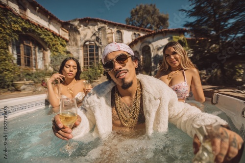 Rapper man in jacuzzi with women drinking champagne
