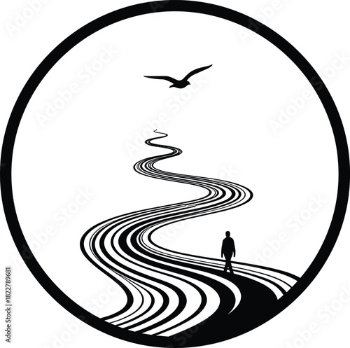 Black Silhouette Vector Illustration of a Winding Path and Lone Figure with a Flying Bird in a Circle Frame, Representing Journey, Solitude, Future Direction, and Personal Freedom Concept