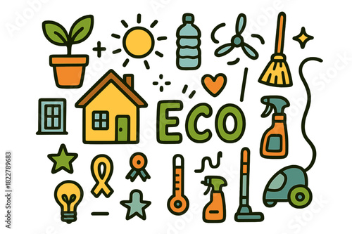 Eco-Friendly Home Illustration. Eco-friendly home. Hand-drawn doodle illustration of eco-friendly home. Plant,