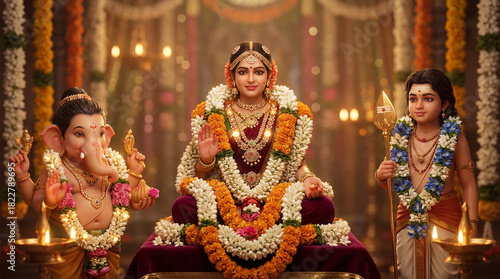 Divine hindu deities lakshmi and ganesha with a young devotee in a richly decorated temple environment