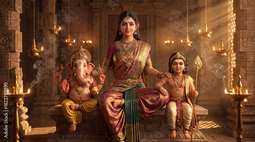 Hindu goddess parvati with sons ganesha and kartikeya in a beautifully lit traditional temple