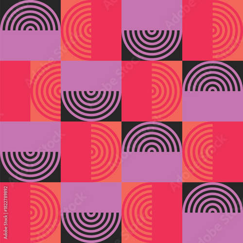 Pattern created from pink and black semi-circles in black rectangles, red and coral semi-circles in coral rectangles and pink and red rectangles