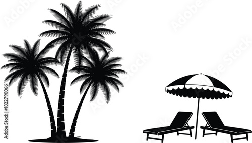 Black Silhouette Vector Illustration of Tropical Palm Trees and Beach Equipment, Featuring Sun Loungers and Umbrella, Ideal for Summer Vacation, Travel Agency, and Resort Graphic Design