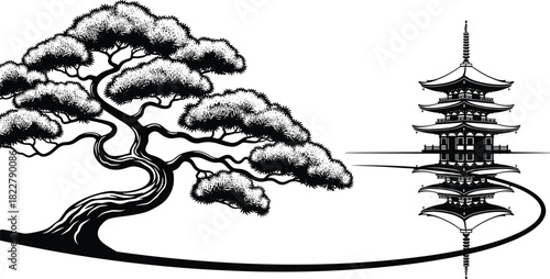 Black Silhouette Vector Illustration of an Old Bonsai Pine Tree and Japanese Pagoda Reflected in Water, Traditional Asian Engraving Style Graphic for Zen, Culture, and Travel