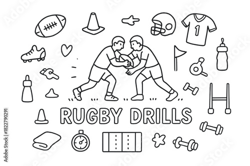 Rugby Drills Doodle. Rugby Drills. Hand-drawn doodle illustration of Rugby Drills. In the middle, one slightly