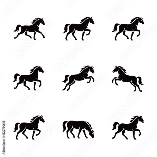 Dynamic Horse Silhouettes Collection Showcasing Running, Jumping, and Grazing Poses