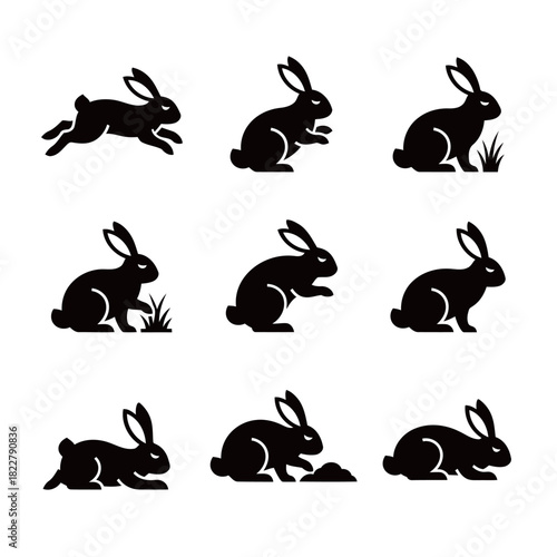 Simple Rabbit Icons Set: Hopping, Resting, and Eating Silhouette Collection