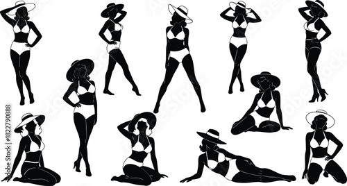 Black vector silhouette collection of beautiful pin-up girl models in vintage bikini swimsuits and sun hats posing for retro summer beach fashion isolated on white