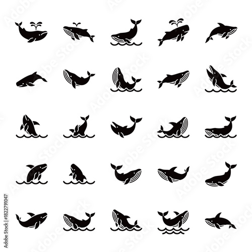 Comprehensive Set of Whale Silhouettes Showcasing Different Breaching and Spouting
