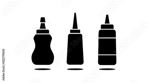 Vector illustration of set of three black silhouette icons representing different types of squeeze condiment bottles isolated on transparent background